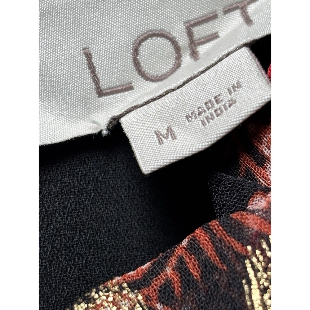 LOFT Floral Long Sleeve Pleated Mock Neck Blouse Women's Medium Black - Picture 3 of 7